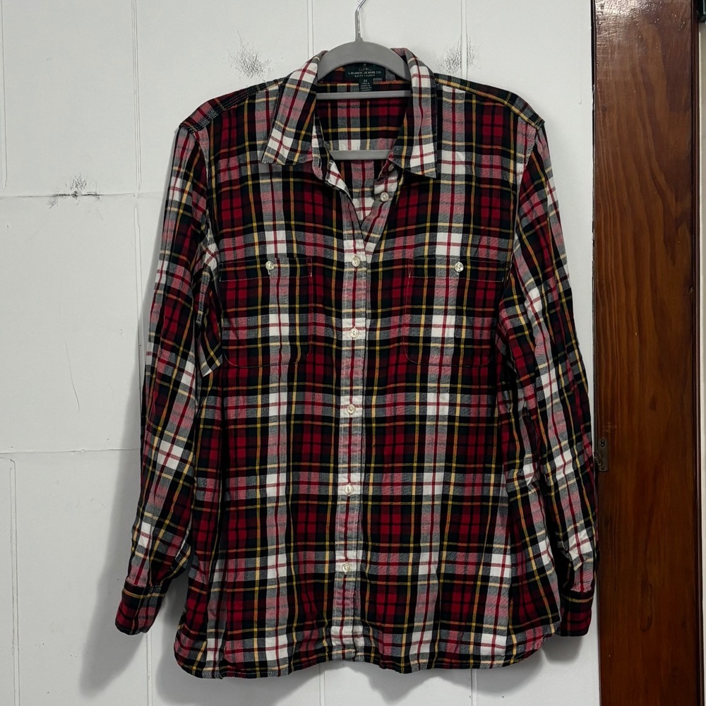Lauren Ralph Lauren Plaid Tartan Flannel Shirt Womens Size 1X Red Green Yellow